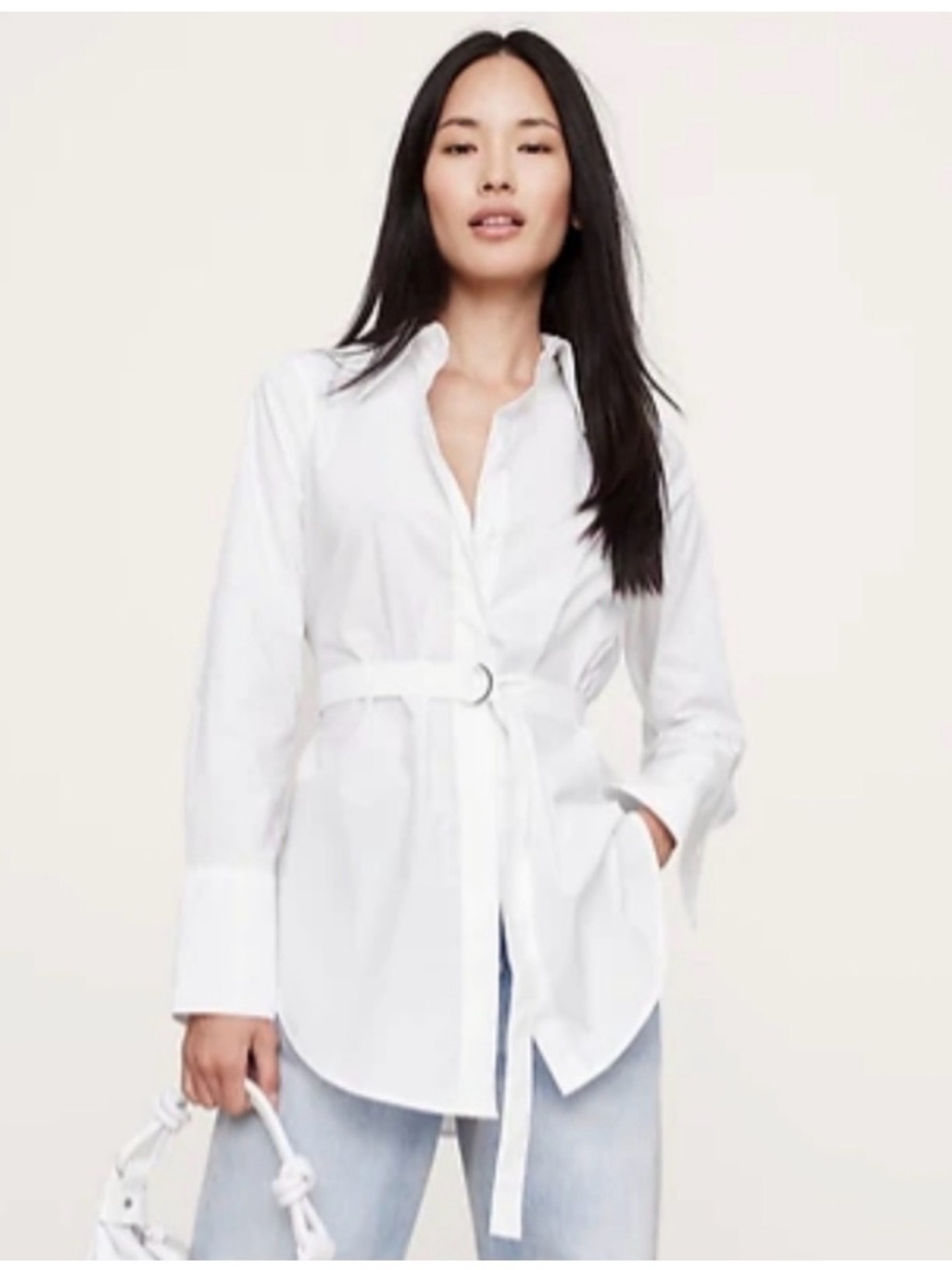 Banana Republic tunic length belted, white cotton poplin button down shirt NWT S